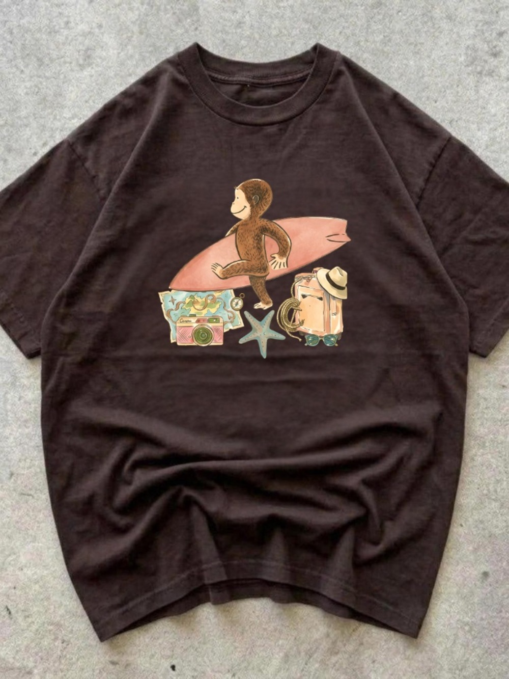Gildan Brown Graphic Tee with Surfing Monkey Print